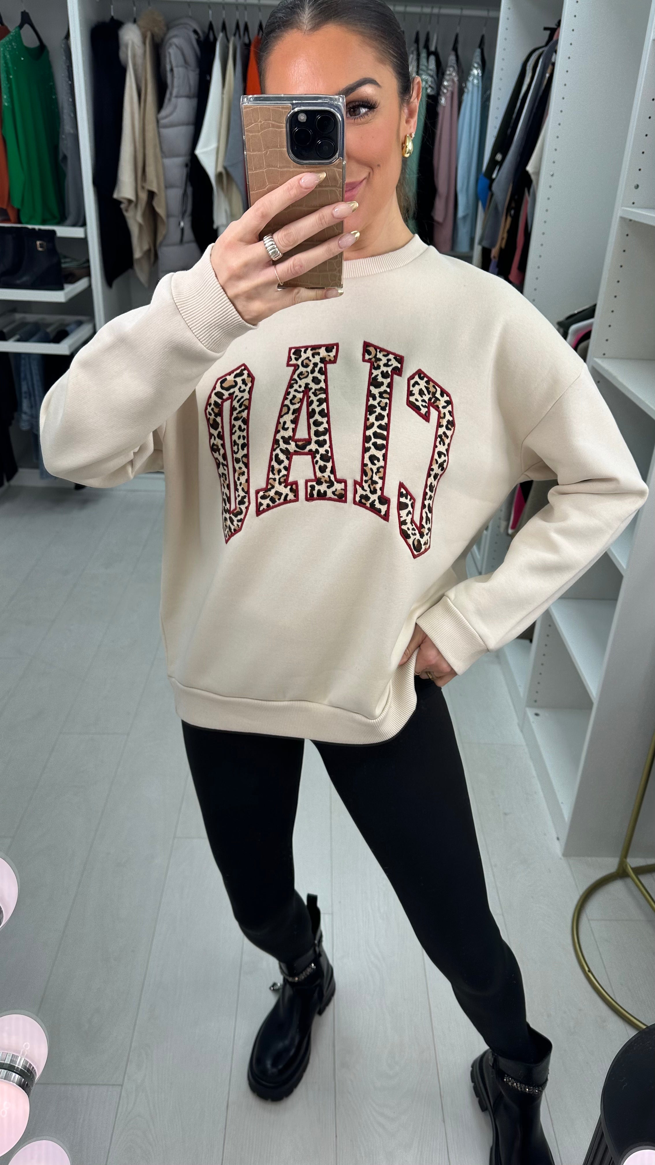 Lorena Leopard Print 'Ciao' Slogan Crew Neck Jumper