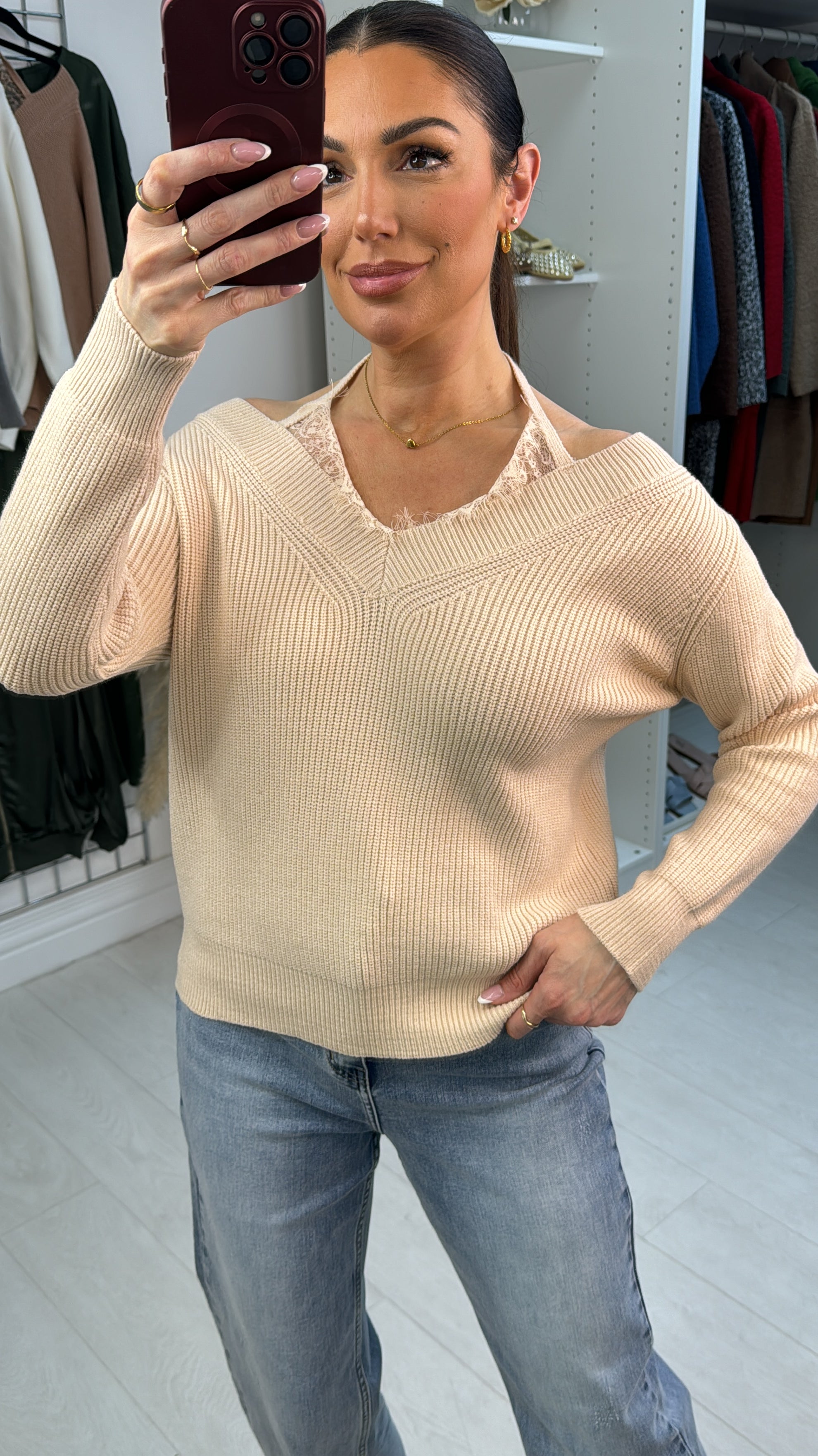 Cambria V Neck Lace Detail Knitted Jumper