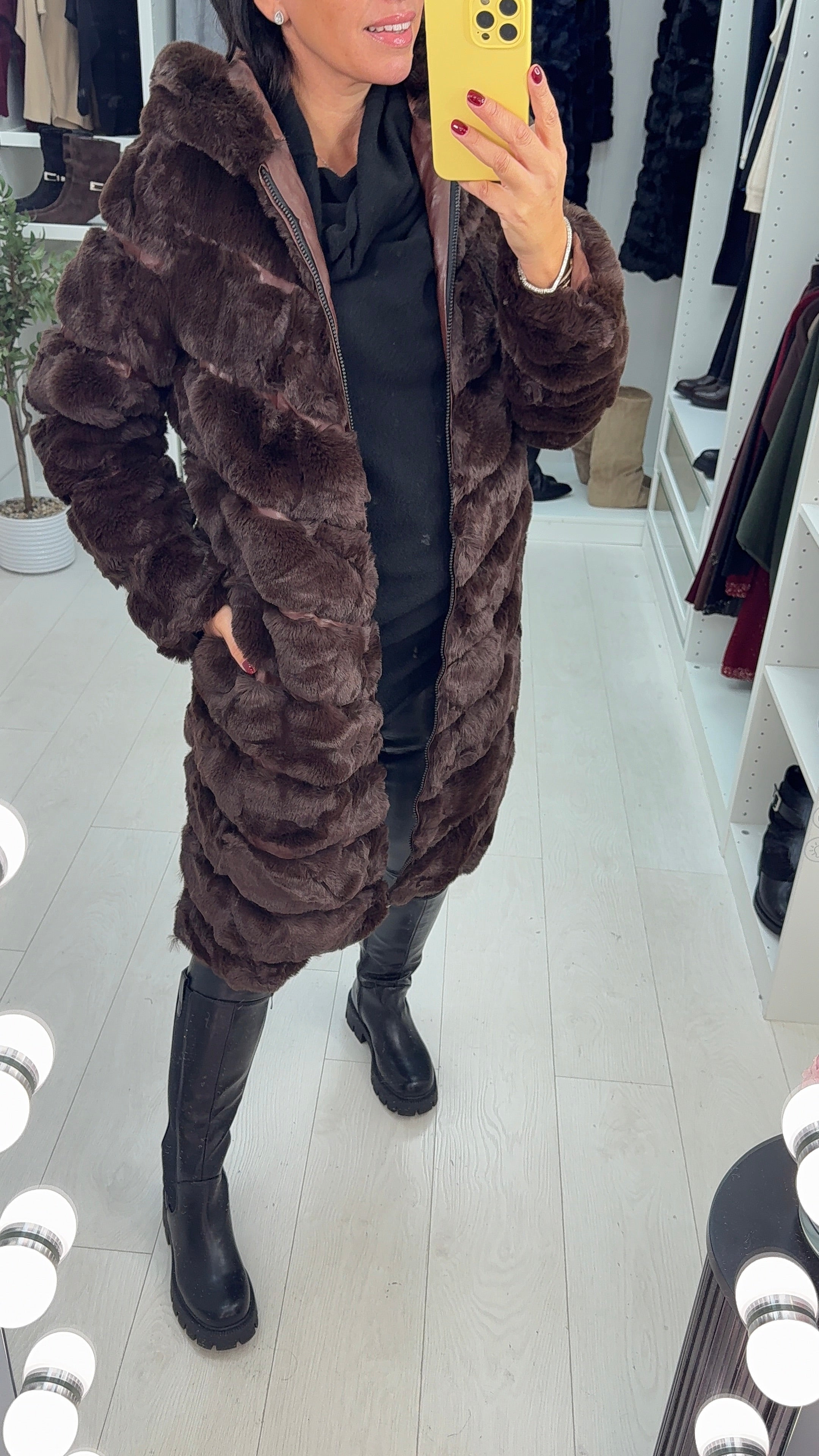 Miki Chocolate Faux Fur Panelled Longline Hooded Coat