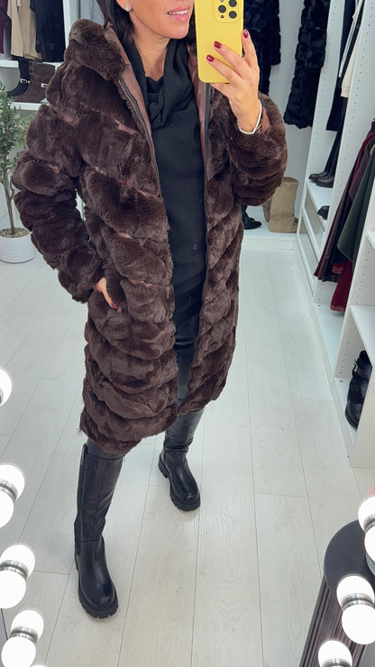 Miki Chocolate Faux Fur Panelled Longline Hooded Coat
