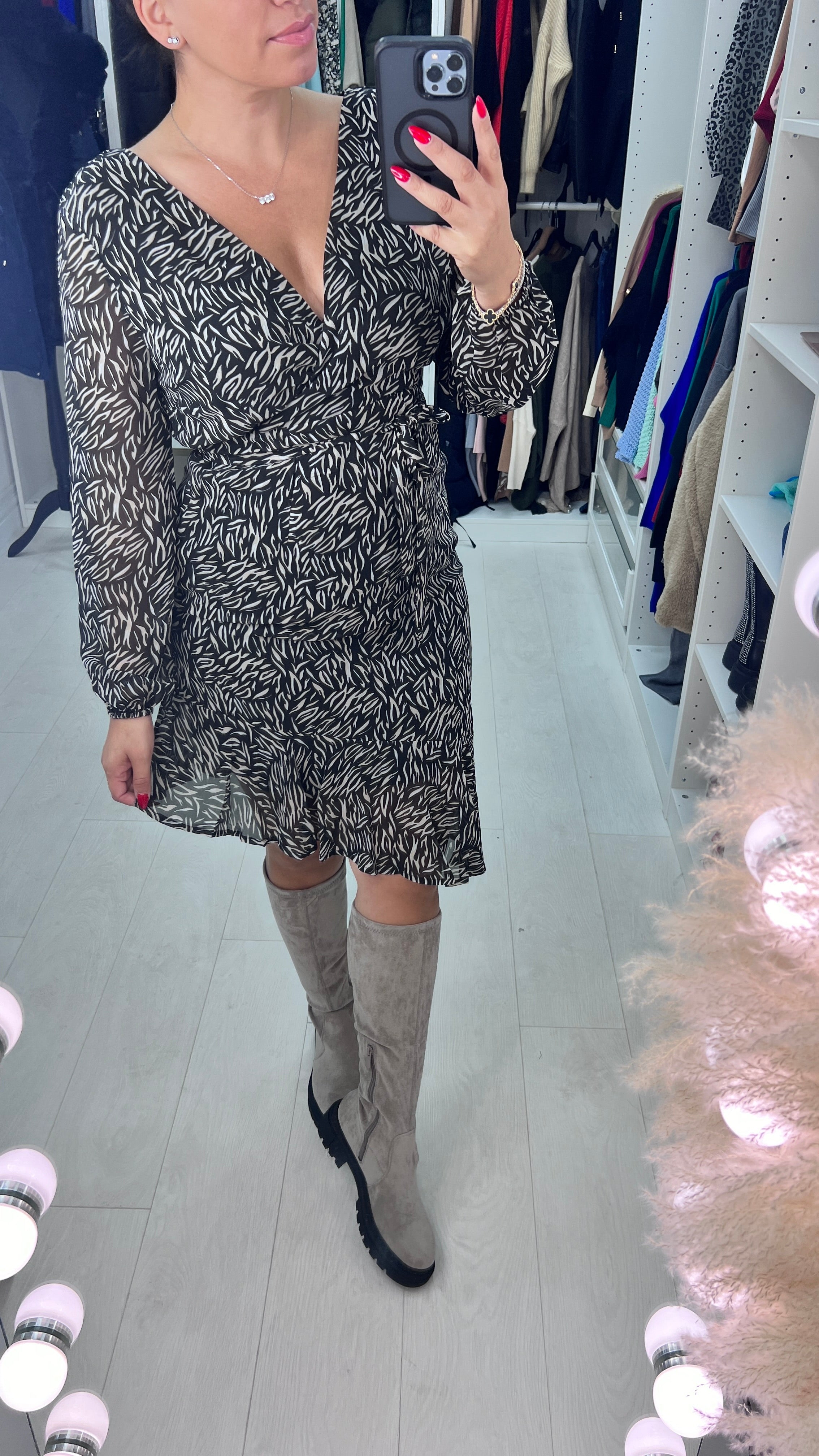 Carie Printed Wrap Tie Waist Asymmtric Frill Dress