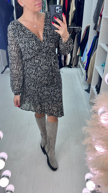 Carie Printed Wrap Tie Waist Asymmtric Frill Dress