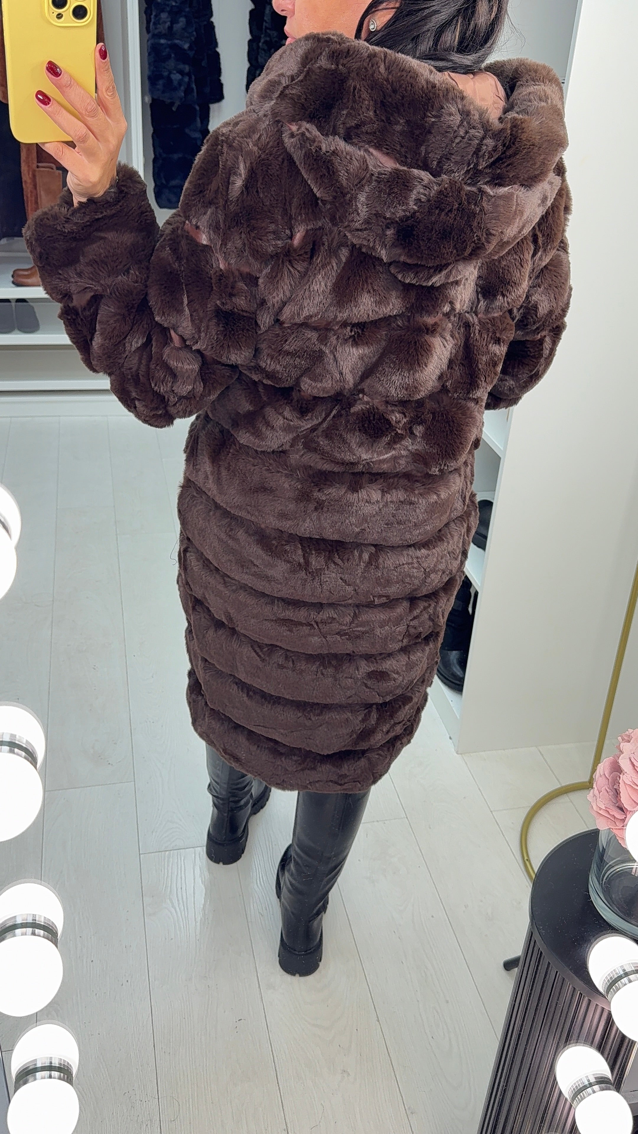 Miki Chocolate Faux Fur Panelled Longline Hooded Coat