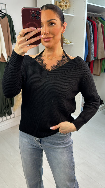 Cambria V Neck Lace Detail Knitted Jumper