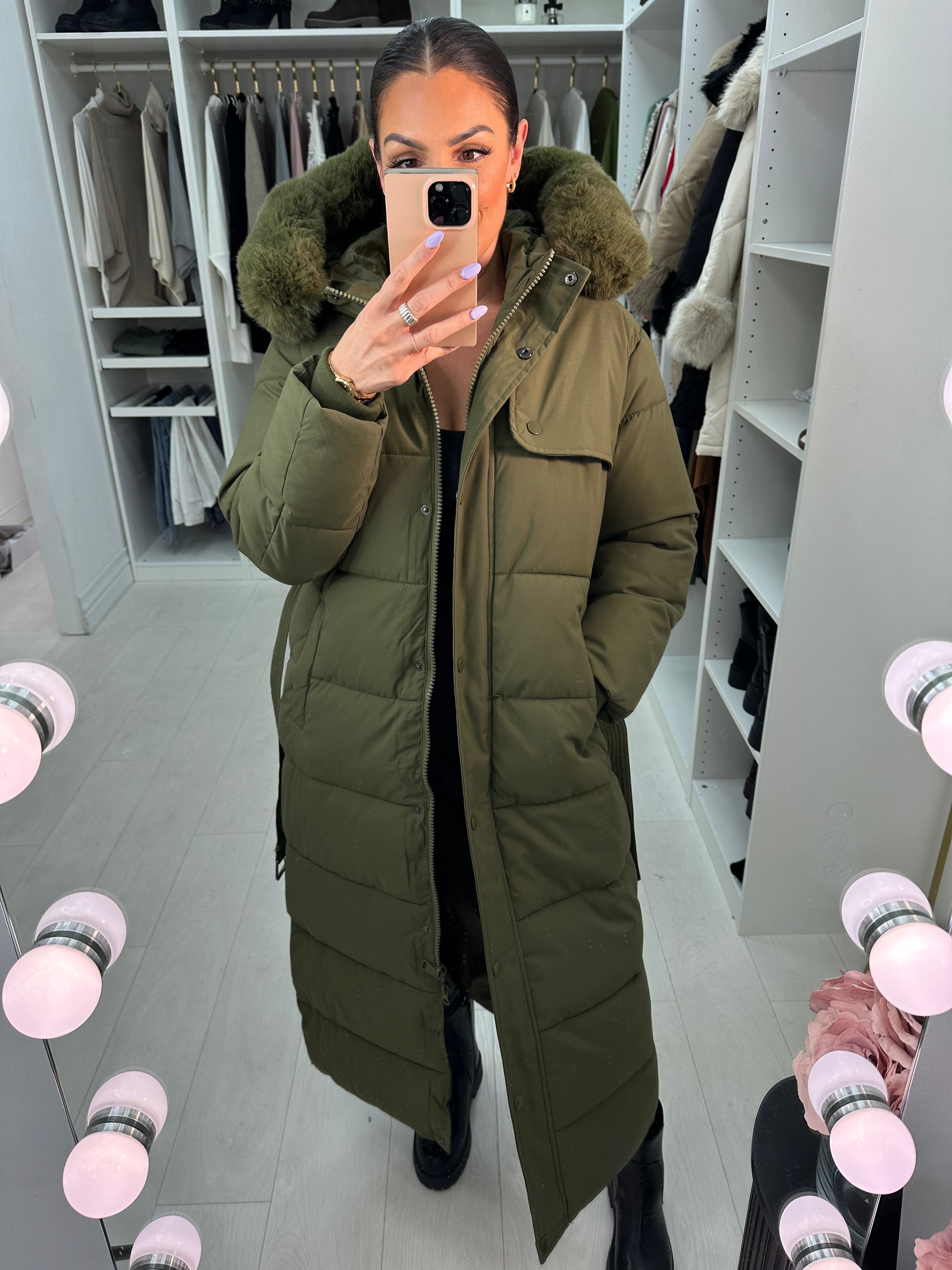 Green puffer coat with fur hood sale