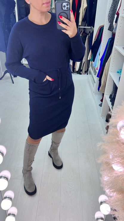 Pebbles Plain Pocket Detailed Toggle Cinched Waist Knit Jumper Dress