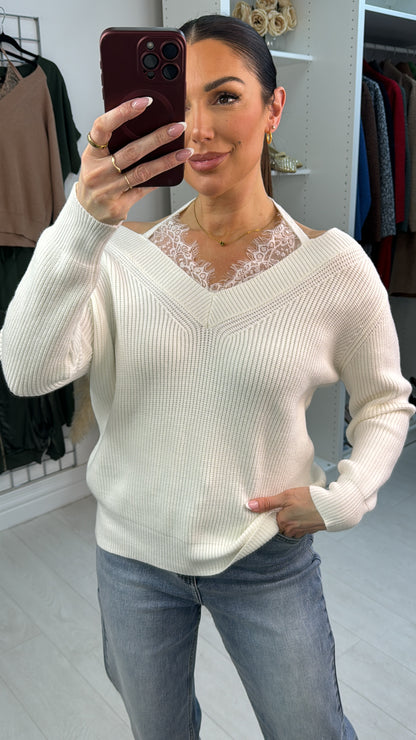 Cambria V Neck Lace Detail Knitted Jumper