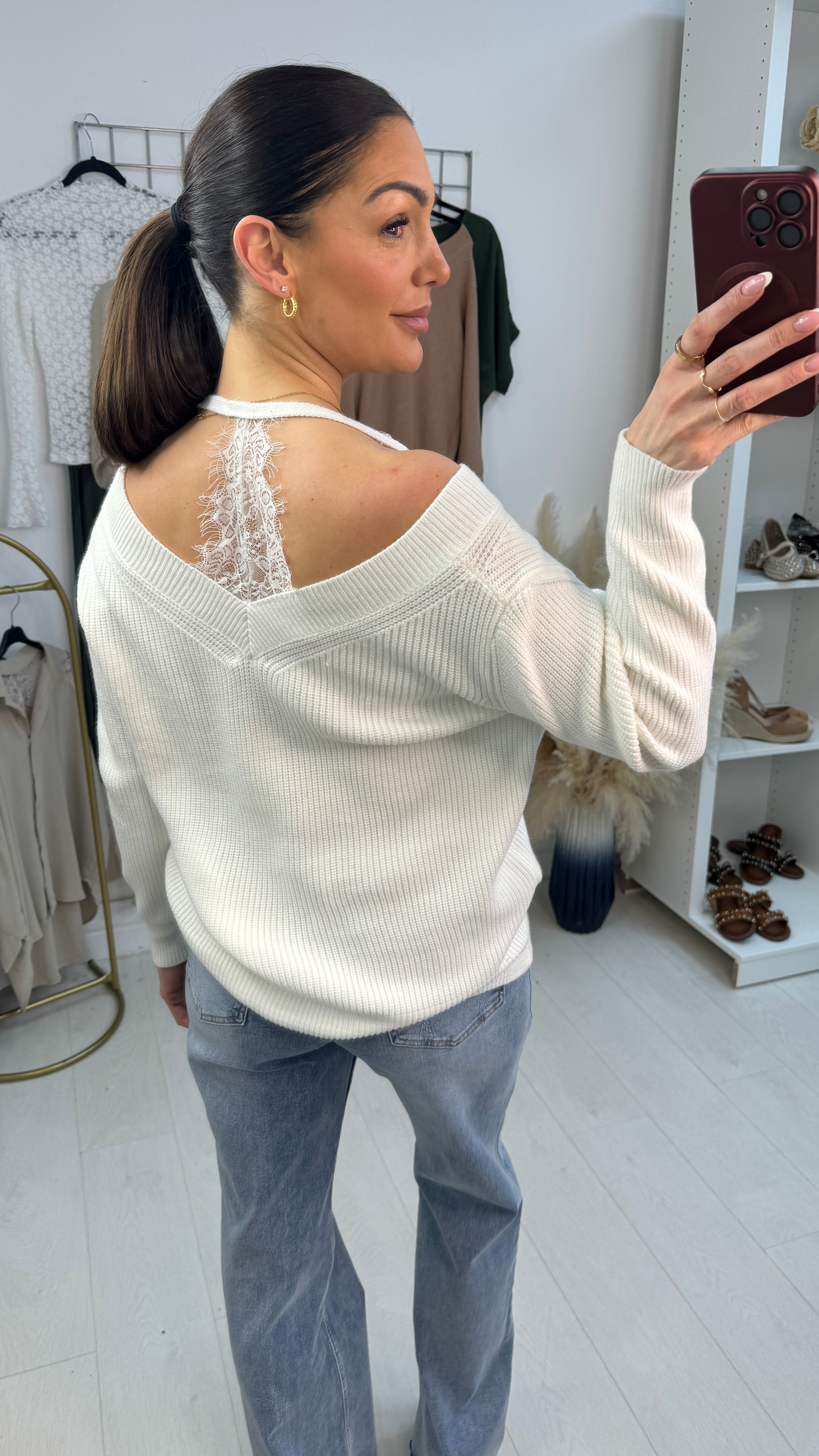Cambria V Neck Lace Detail Knitted Jumper