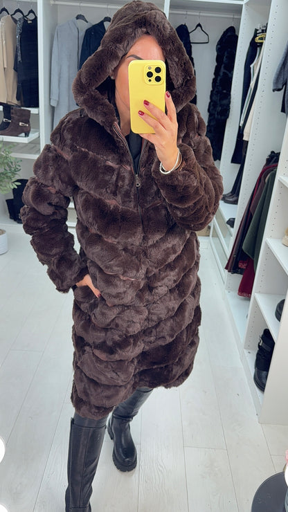 Miki Chocolate Faux Fur Panelled Longline Hooded Coat