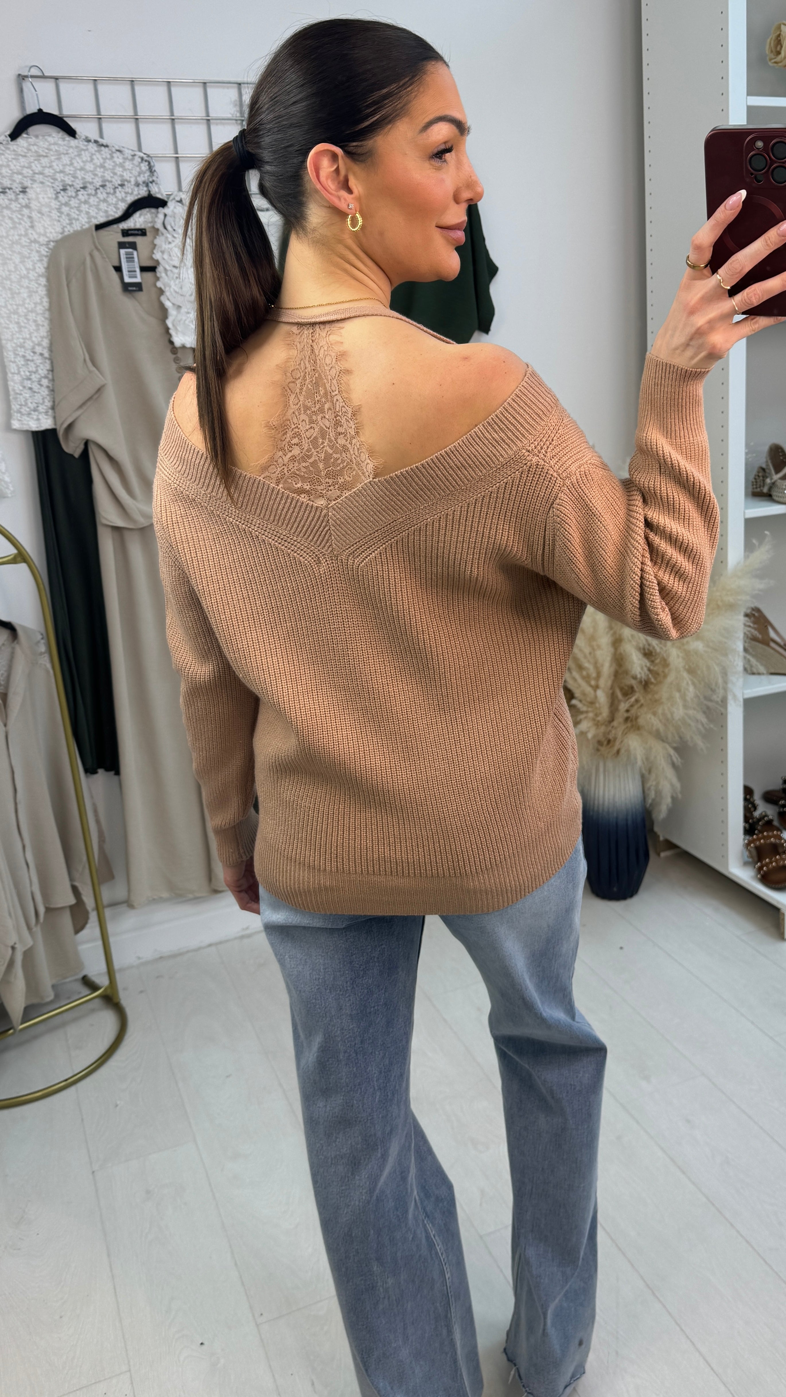 Cambria V Neck Lace Detail Knitted Jumper