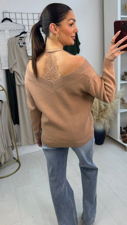 Cambria V Neck Lace Detail Knitted Jumper