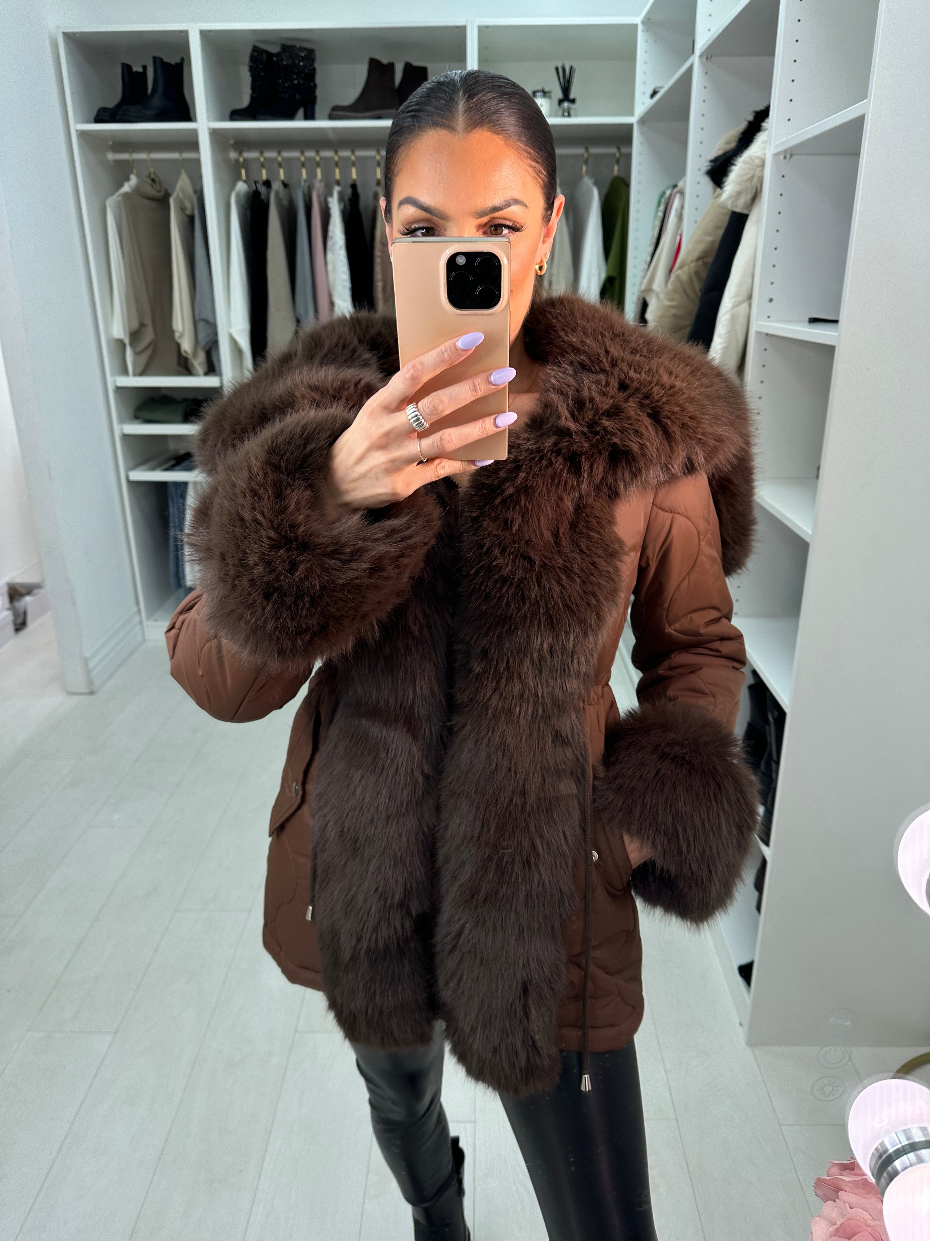 Alanda Chocolate Faux Fur Toggle Waist Jacket
