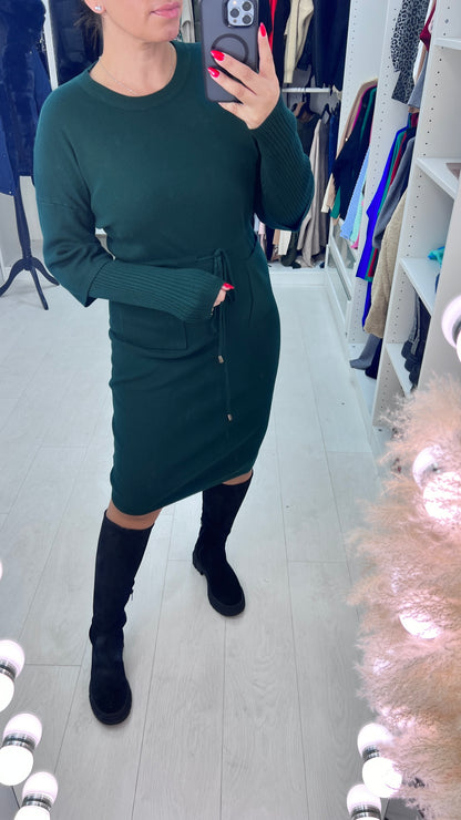 Pebbles Plain Pocket Detailed Toggle Cinched Waist Knit Jumper Dress