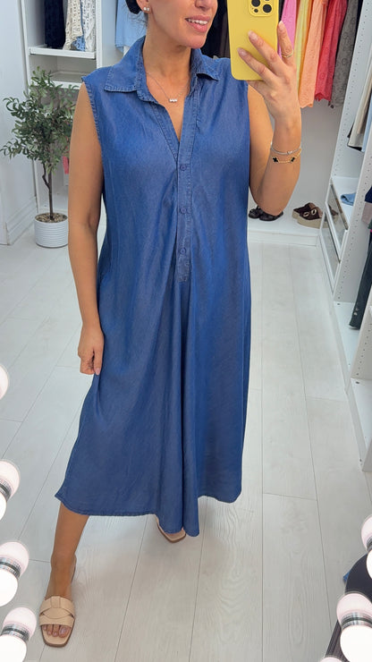 Zariah V Neck Loose Fit Denim Maxi Dress