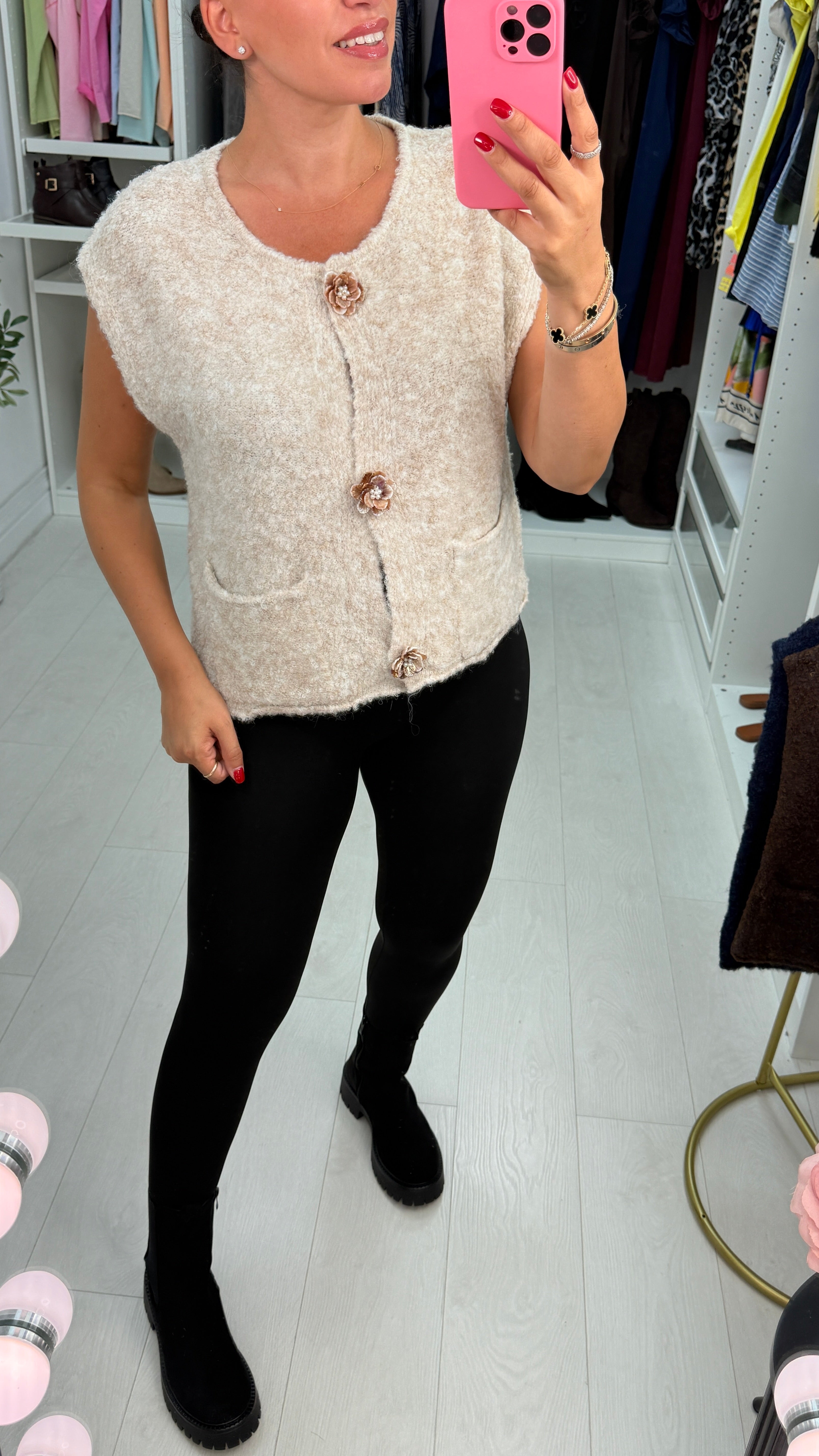 Lorella Plain Floral Button Detail Sleeveless Knit Cardigan