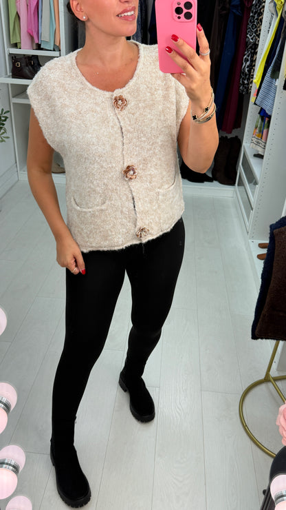 Lorella Plain Floral Button Detail Sleeveless Knit Cardigan