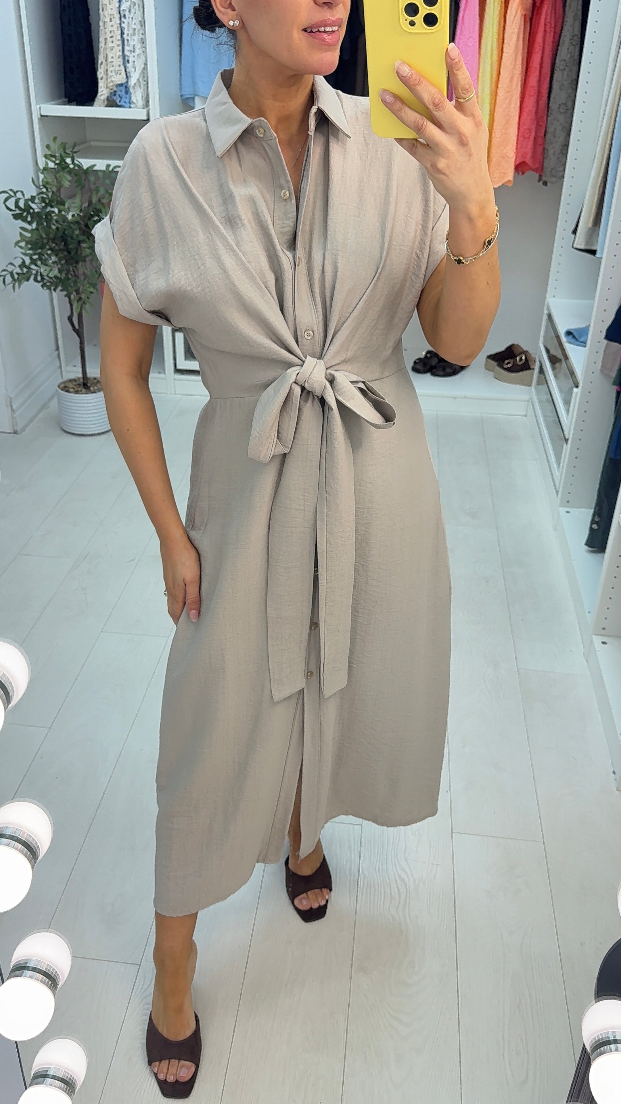 Louie Plain Tie Front Maxi Shirt Dress