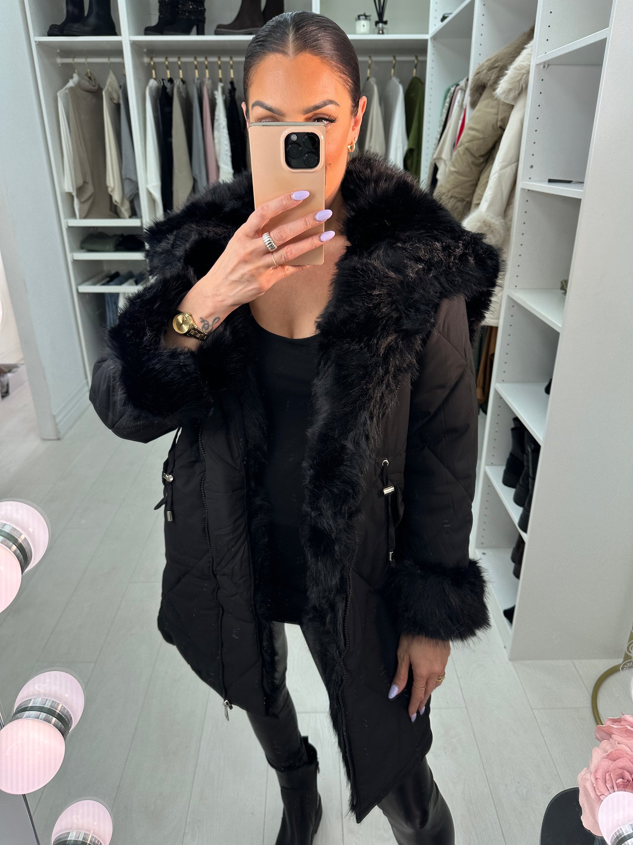 Eduardo Faux Fur Hood Collar Coat BowsBoutiques