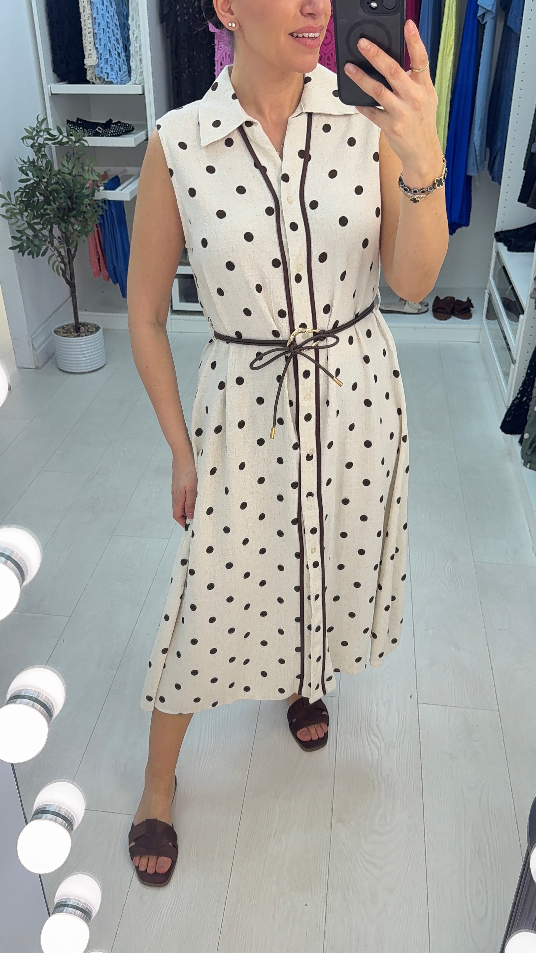 Wrenly Polka Dot Sleeveless Belted Midi Dress