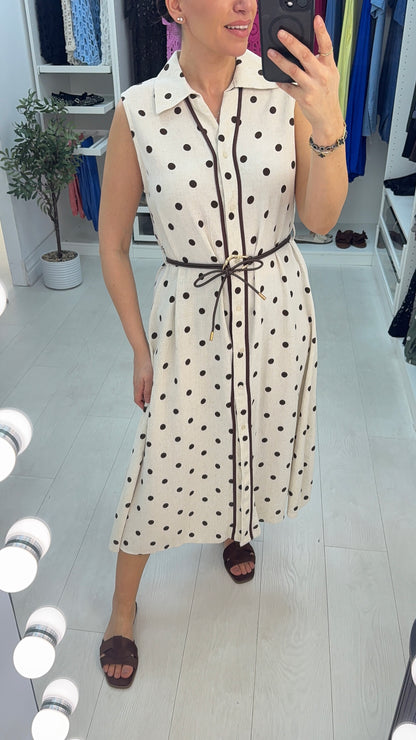 Wrenly Polka Dot Sleeveless Belted Midi Dress