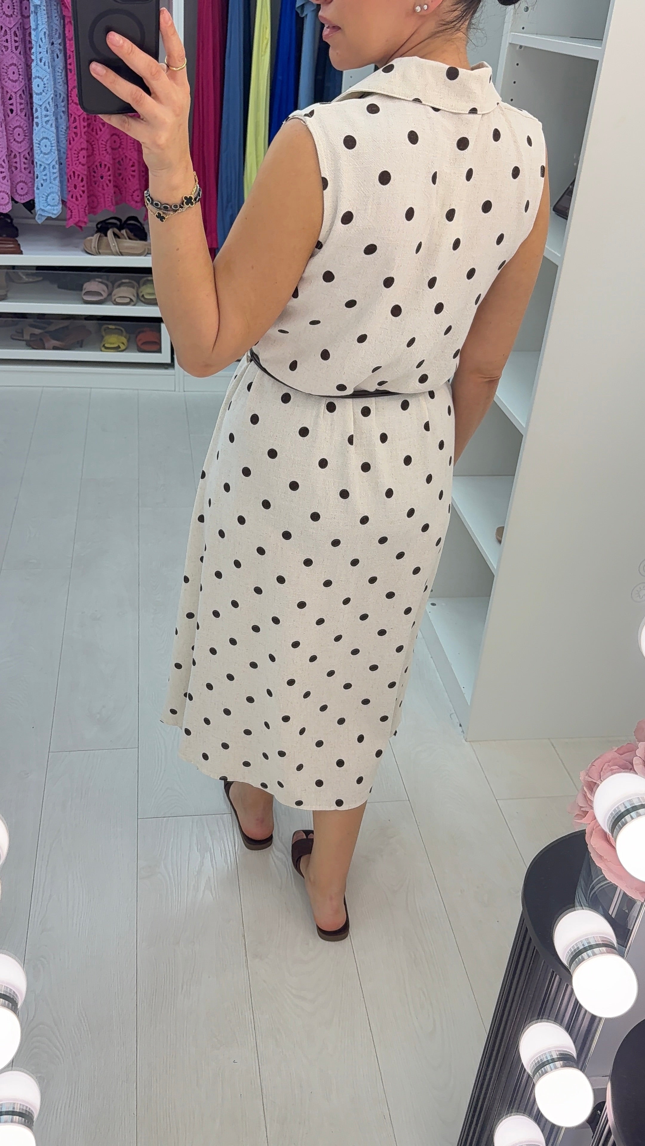 Wrenly Polka Dot Sleeveless Belted Midi Dress