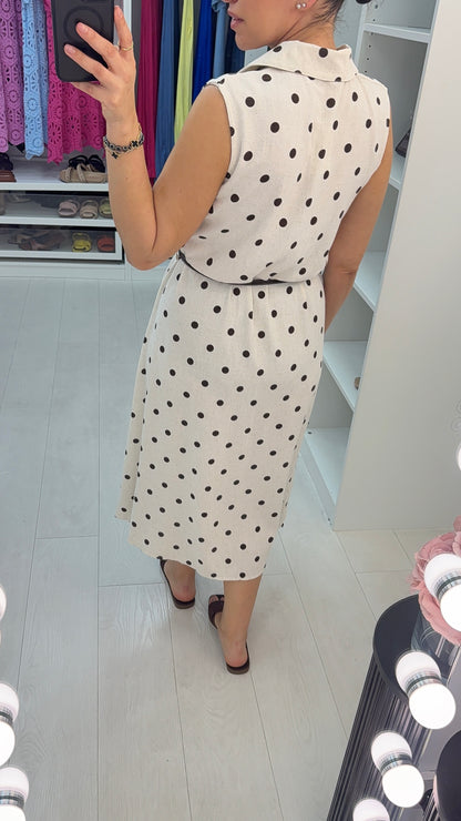 Wrenly Polka Dot Sleeveless Belted Midi Dress