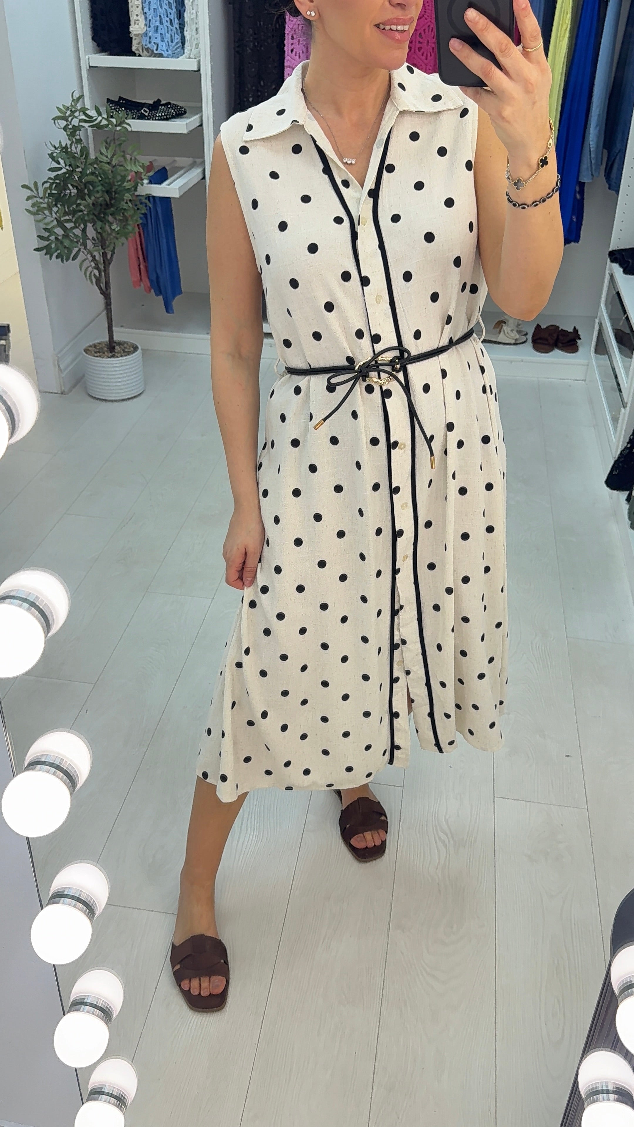 Wrenly Polka Dot Sleeveless Belted Midi Dress