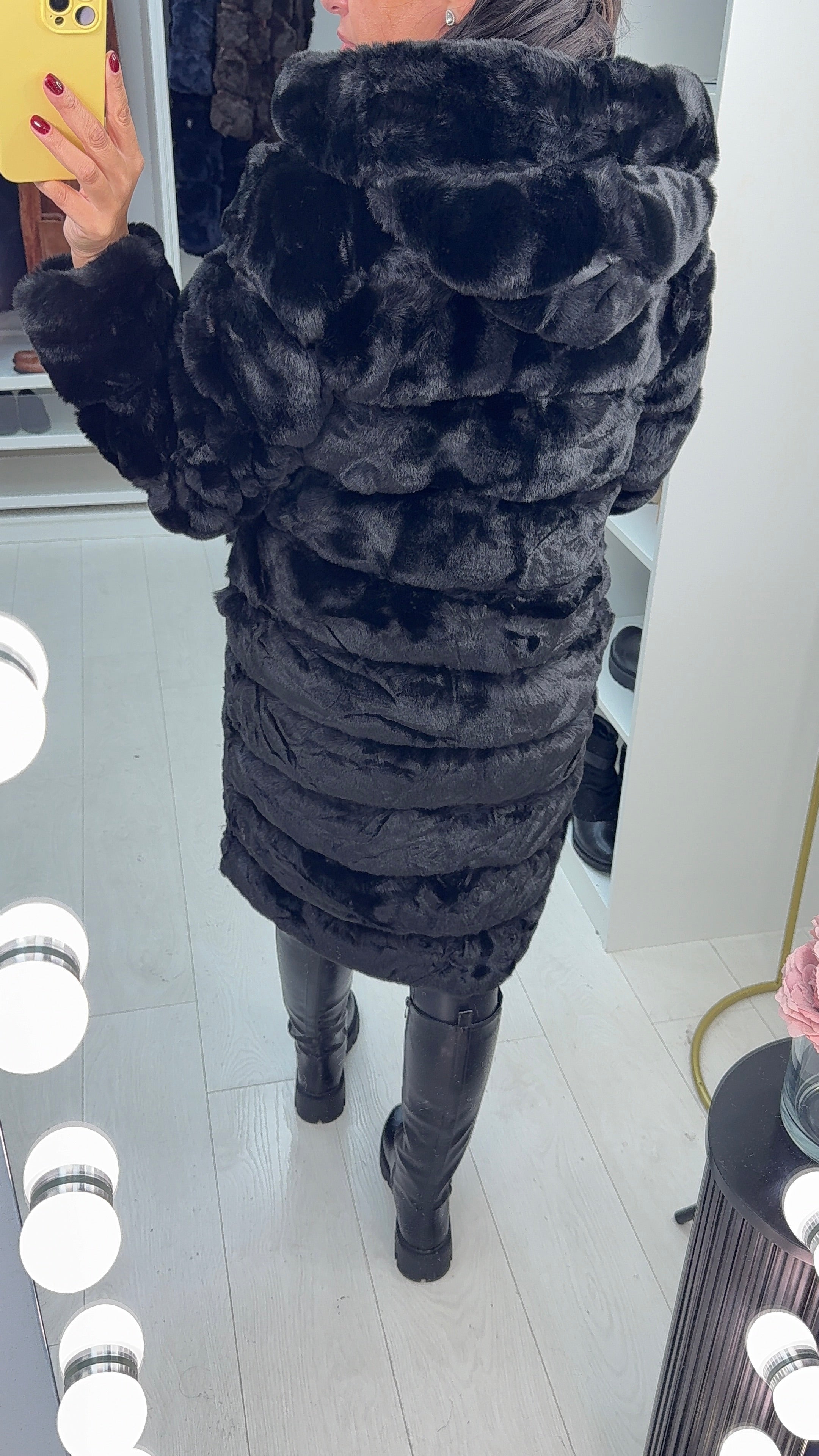 Miki Black Faux Fur Panelled Longline Hooded Coat