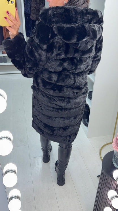 Miki Black Faux Fur Panelled Longline Hooded Coat