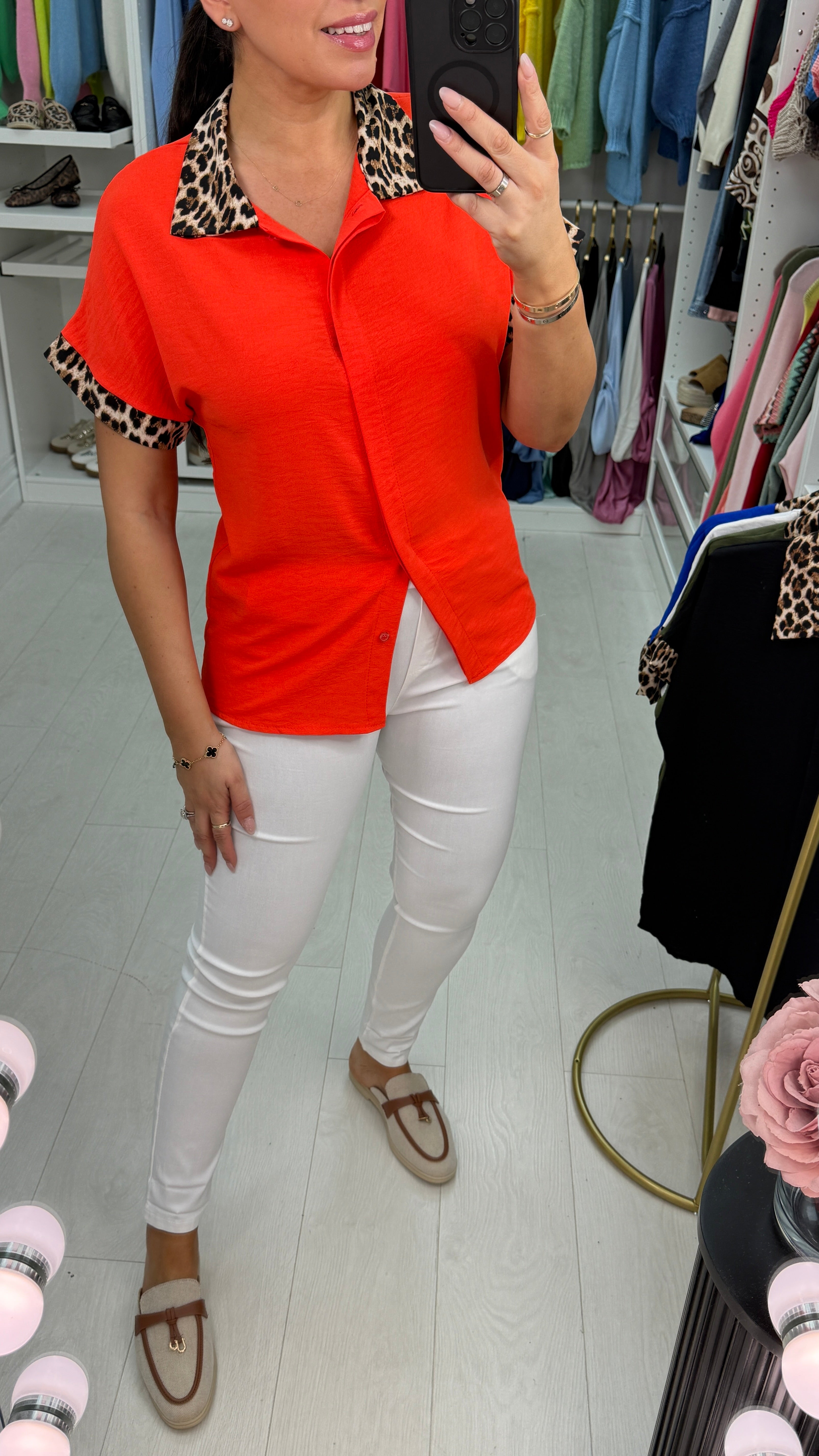 Kitty Plain Leopard Print Detail Button Front Shirt