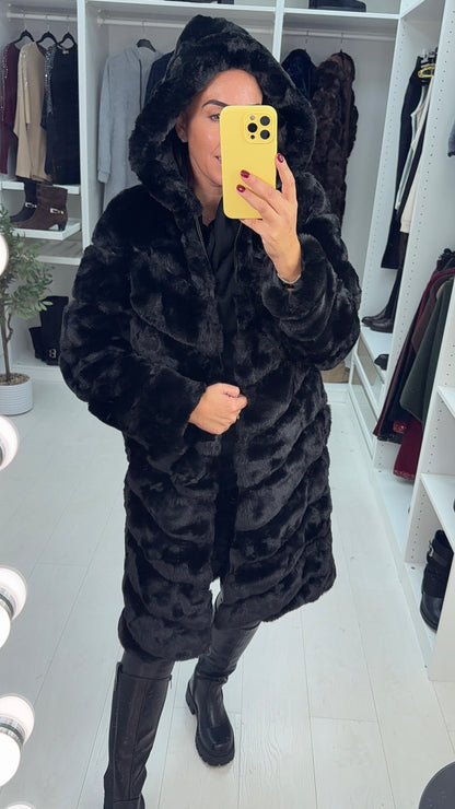 Miki Black Faux Fur Panelled Longline Hooded Coat