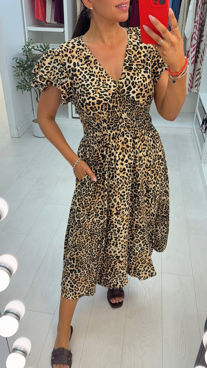 Macey Leopard Print Shirred Waist Maxi Dress