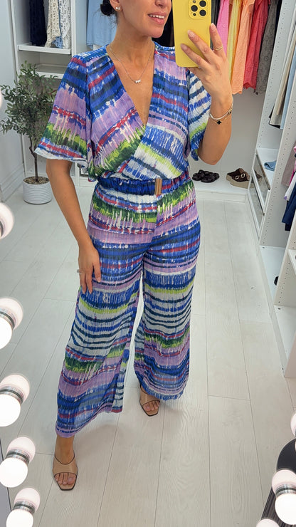 Zenaida Abstract Print V Neck Belted Jumpsuit