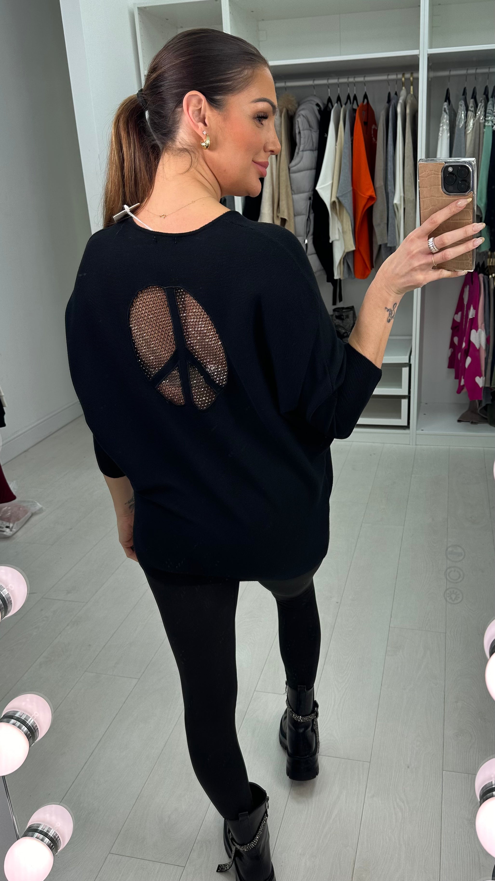 Arch Diamante Peace Sign Ribbed  Jumper