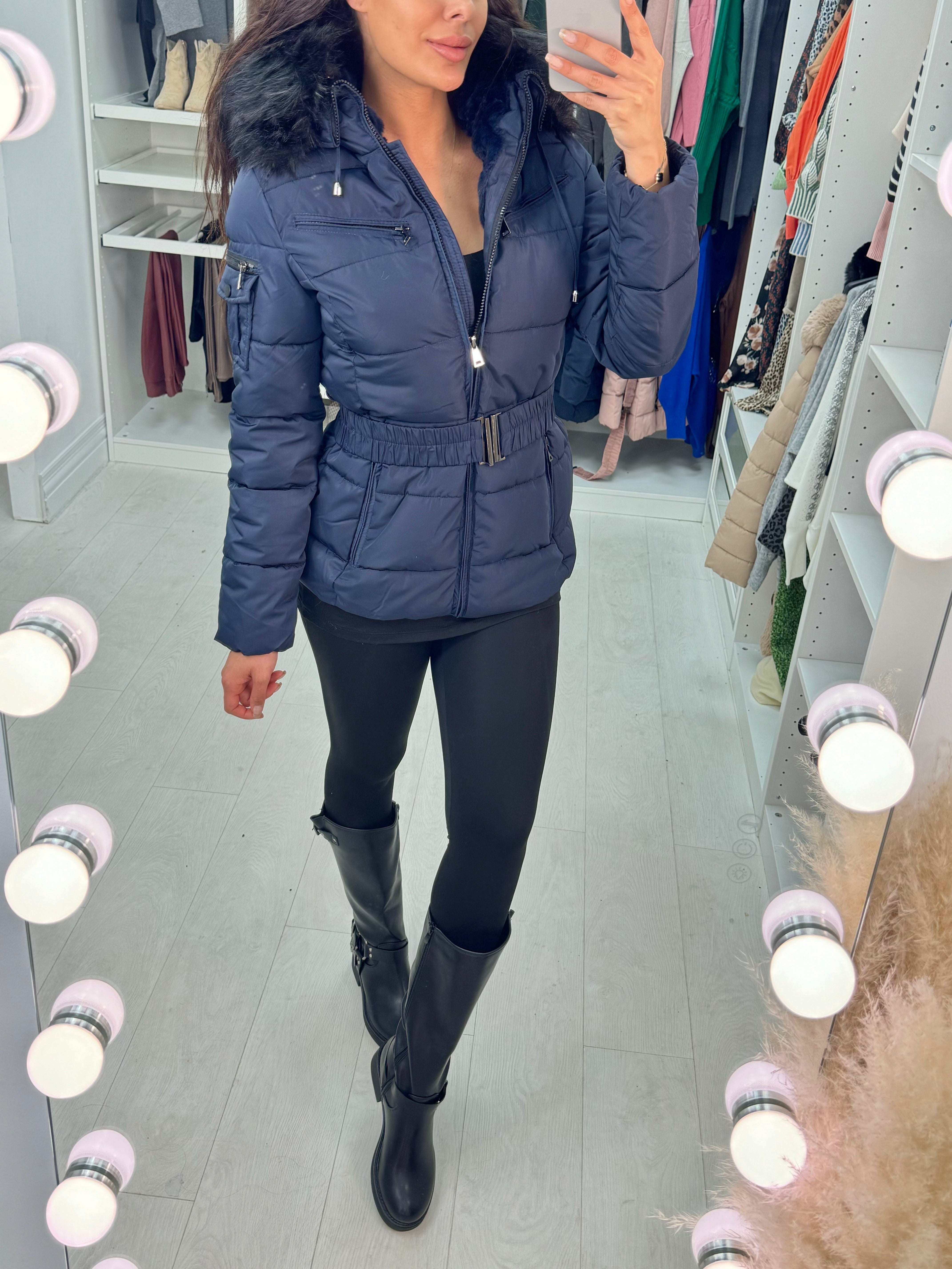 Lucy Navy Padded Faux Fur Hooded Coat