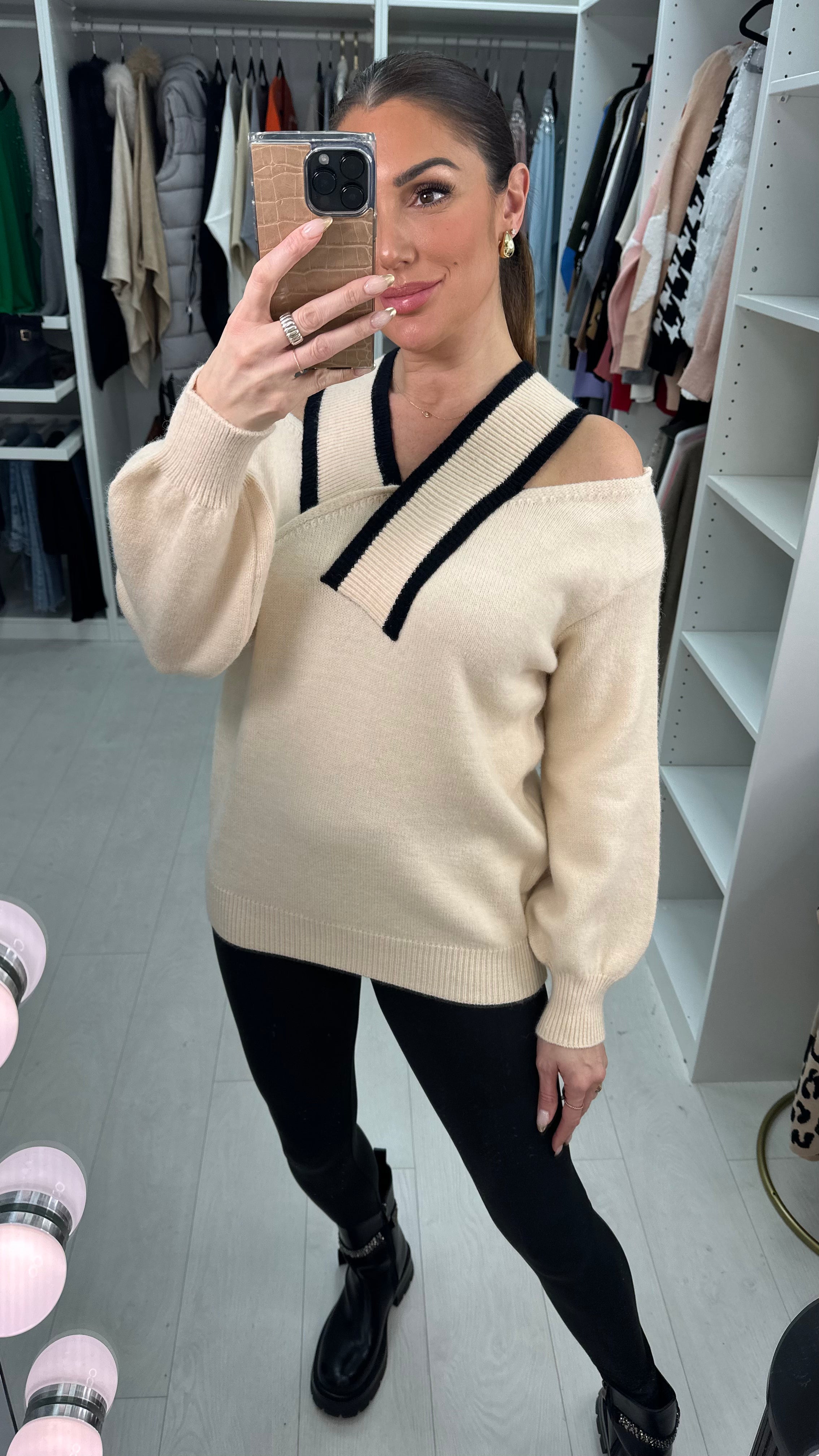 Shona V Detailed Cold Shoulder Knit Jumper