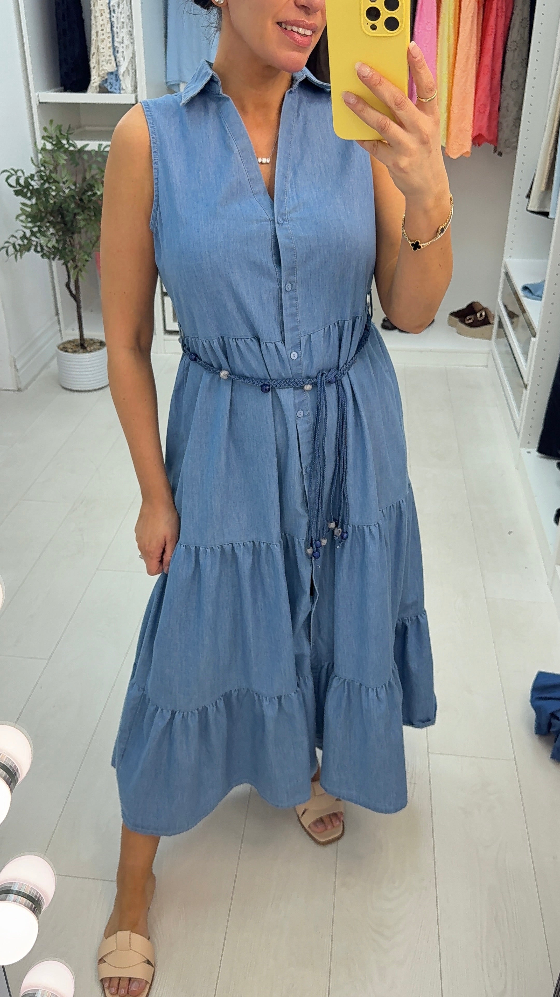 Rosalyn Belted Denim Maxi Smock Dress