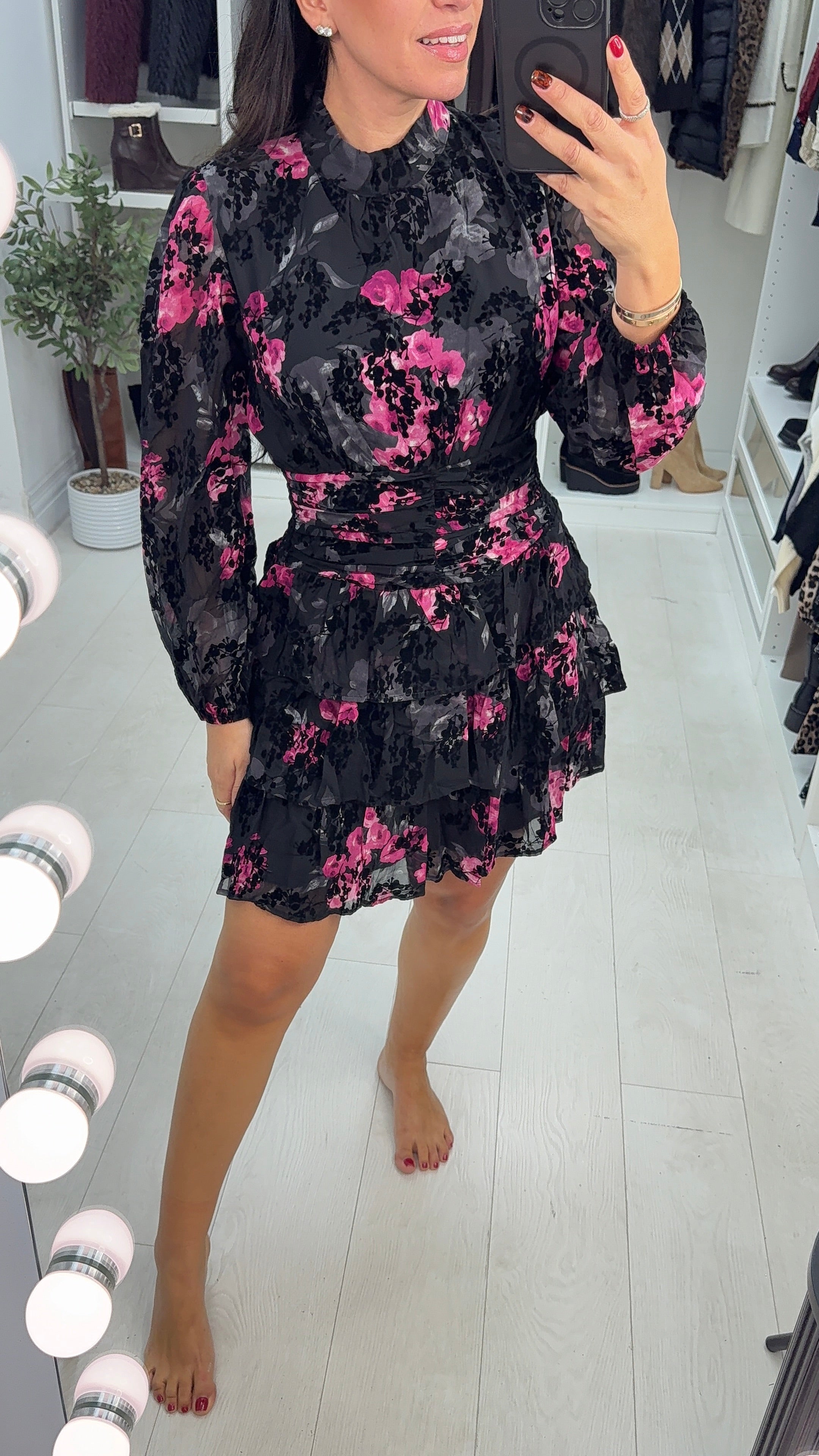 Zania Floral Print Shirred Waist Mini Dress