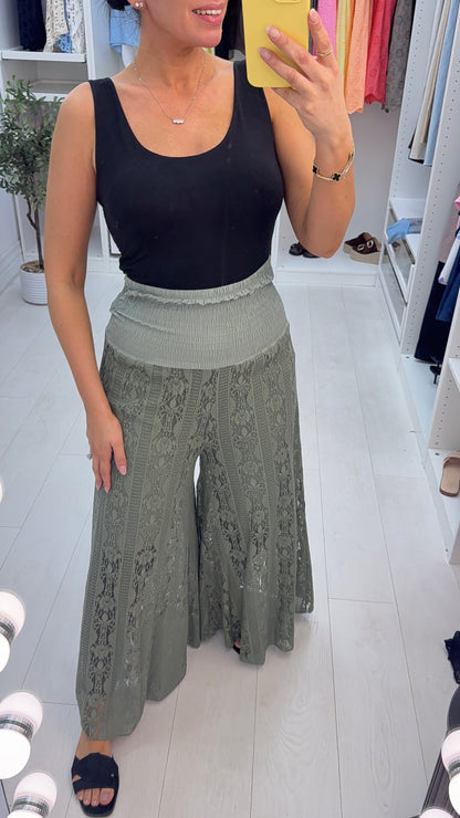Davina Elasticated Floral Lace Detailed Wide Leg Trousers