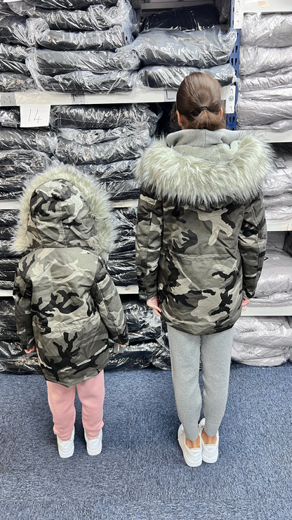 Sofia Kids Grey Faux Fur Camouflage Coat