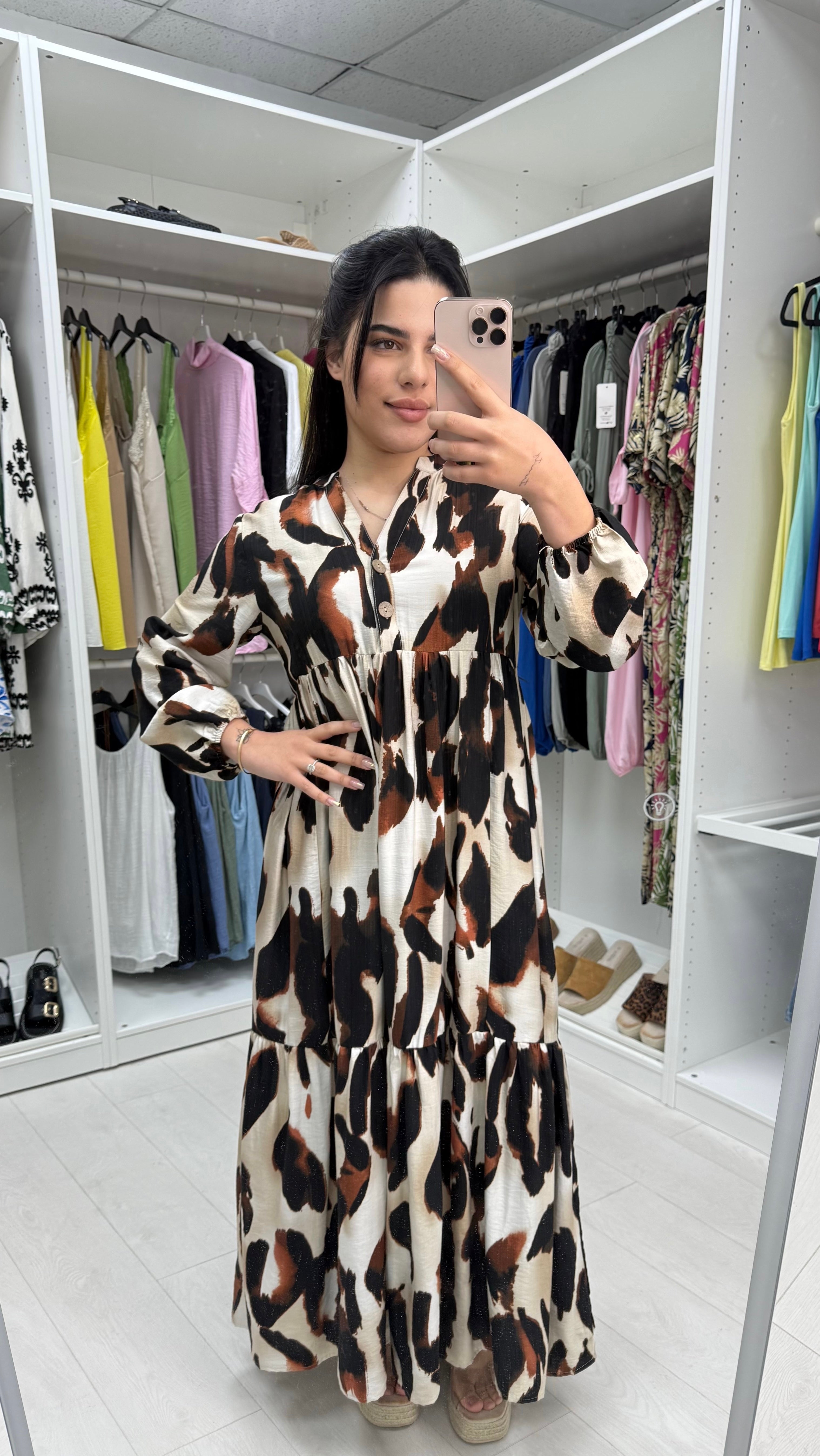 Kelsey V Neck Cheetah Print Smock Maxi Dress