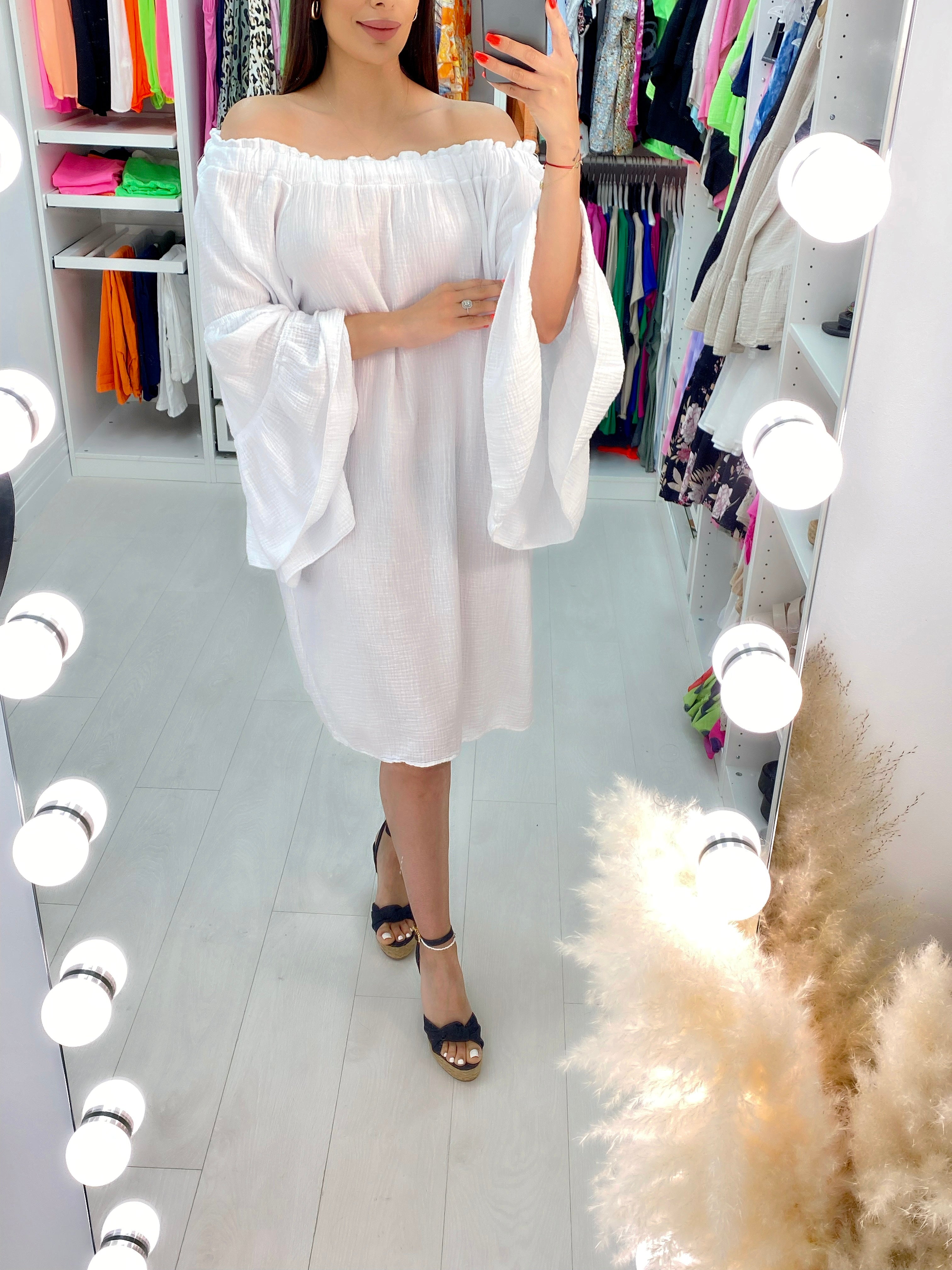 Isda Cheesecloth Bardot Ruffle Sleeve Smock Dress