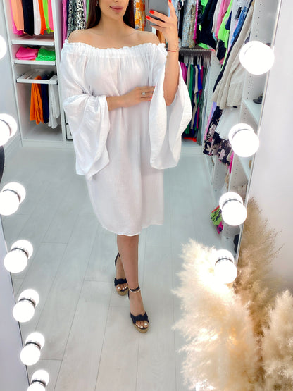 Isda Cheesecloth Bardot Ruffle Sleeve Smock Dress