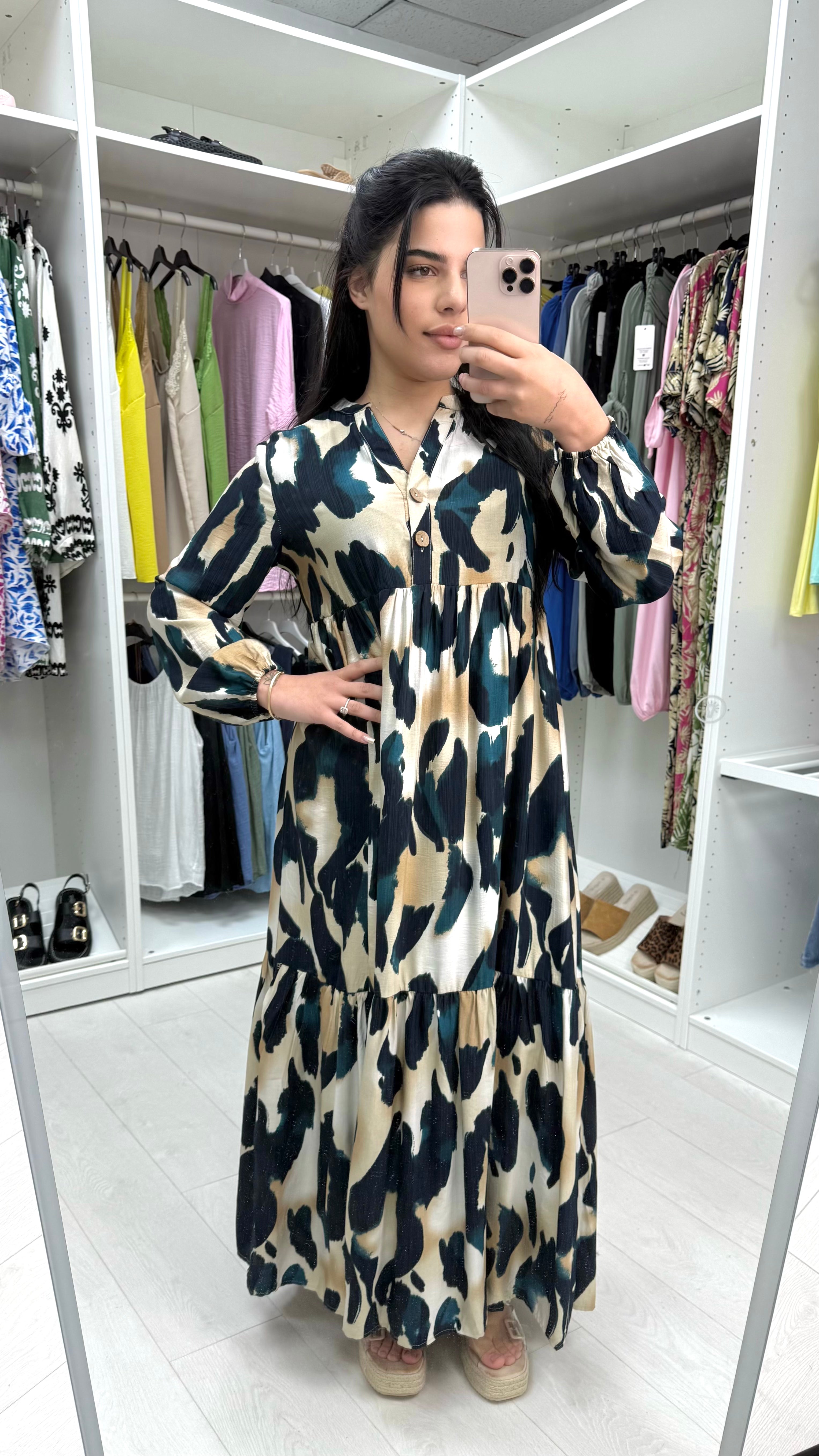 Kelsey V Neck Cheetah Print Smock Maxi Dress