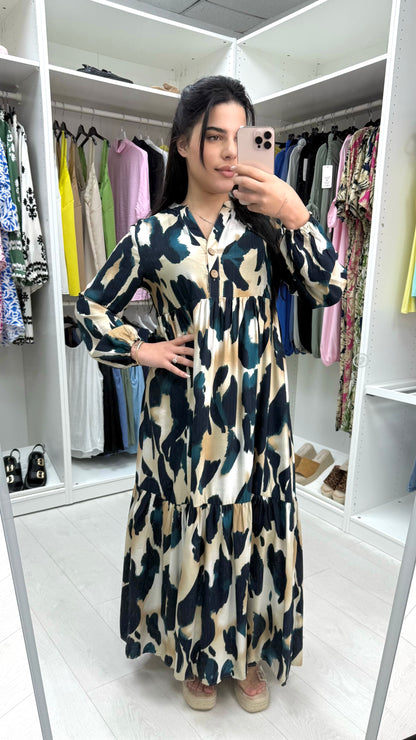 Kelsey V Neck Cheetah Print Smock Maxi Dress