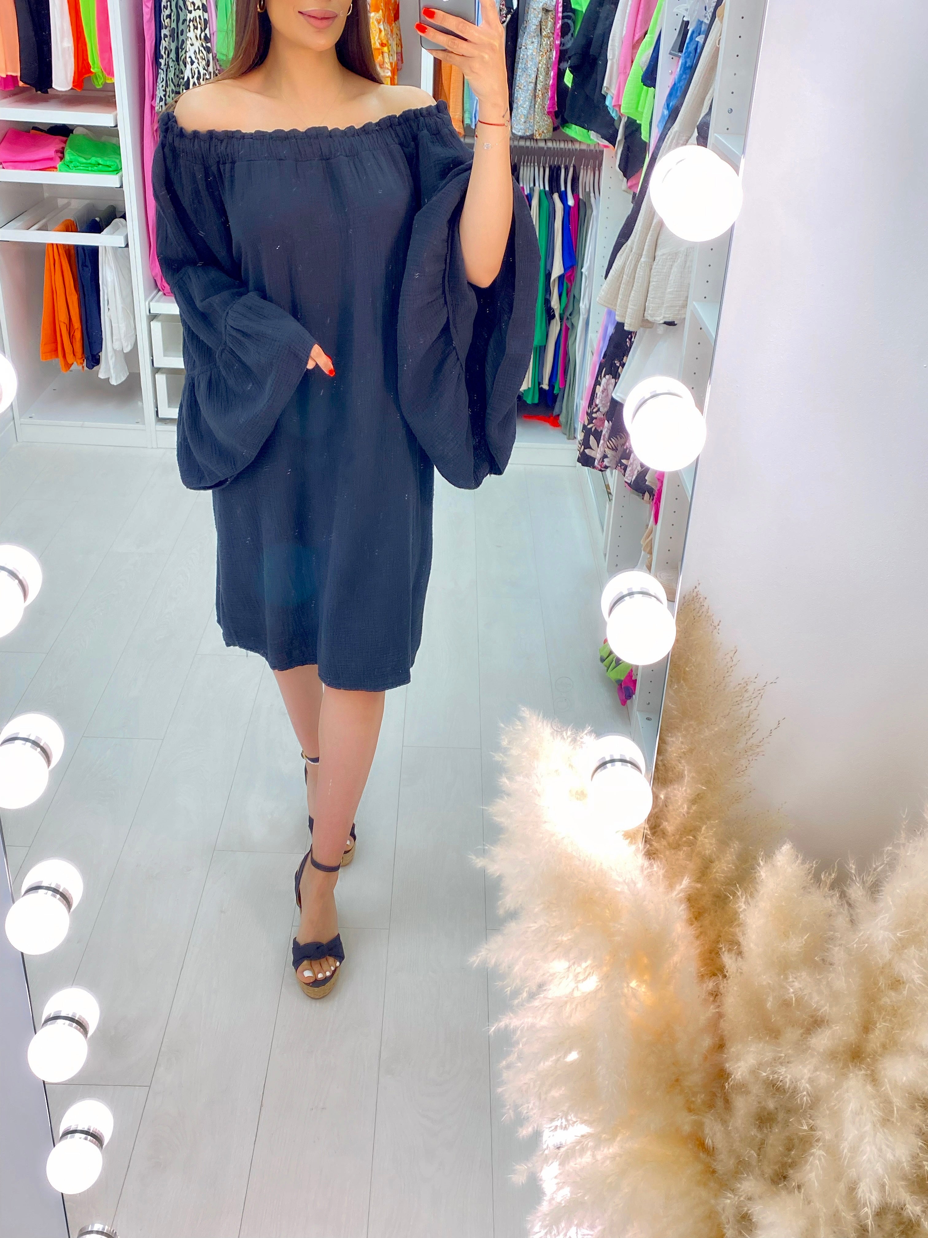 Isda Cheesecloth Bardot Ruffle Sleeve Smock Dress