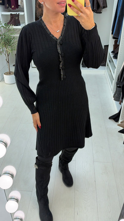 Ilona Plain V Neck Button Detail Ribbed Dress