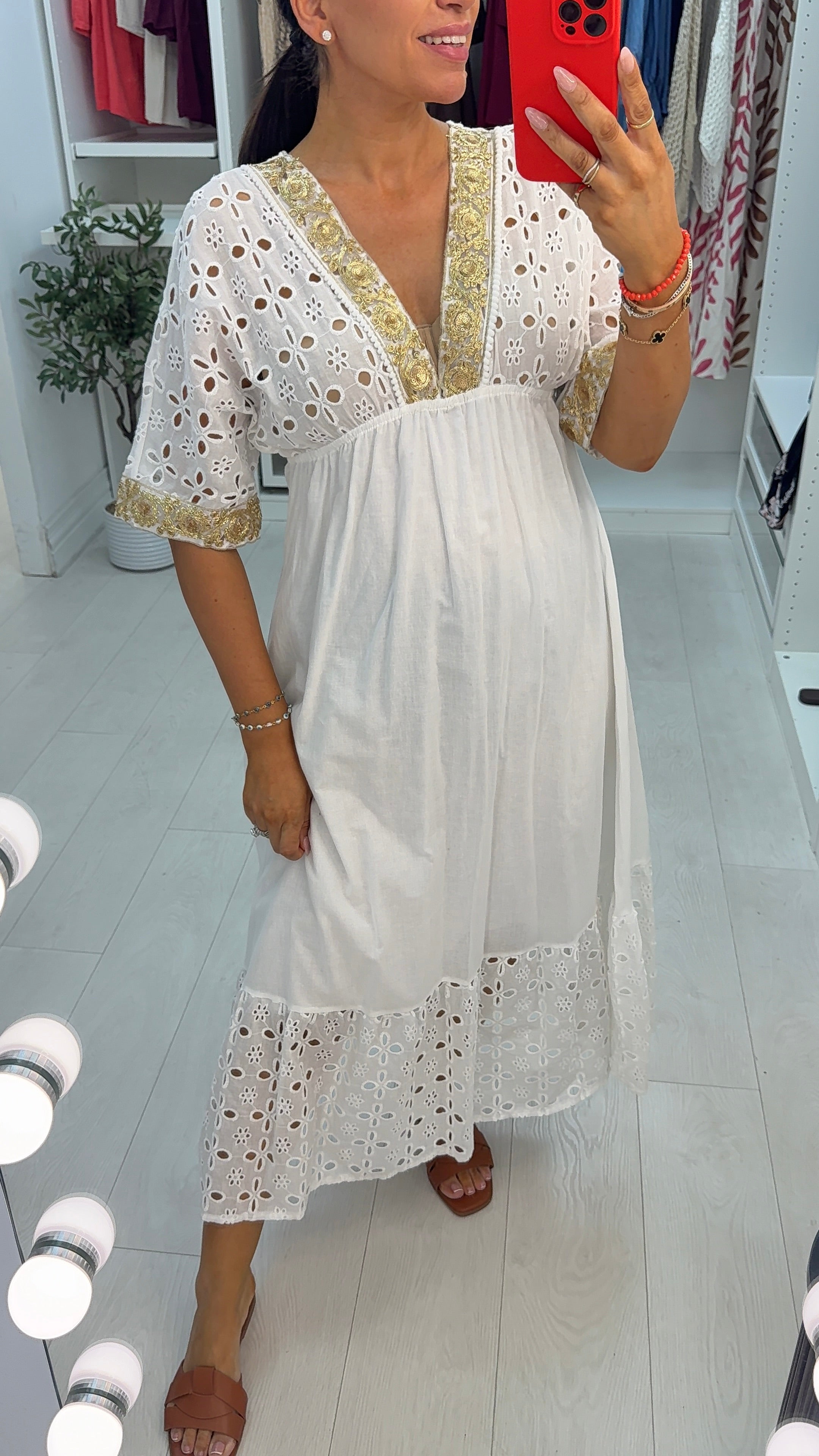 Yarna Embellished Broidery Anglaise V Neck Dress
