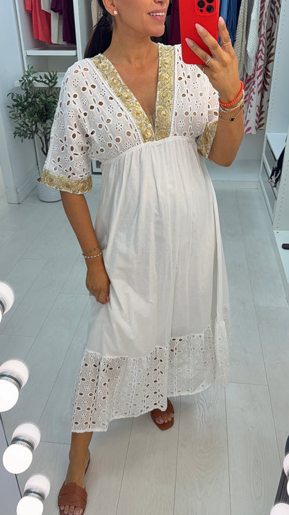 Yarna Embellished Broidery Anglaise V Neck Dress