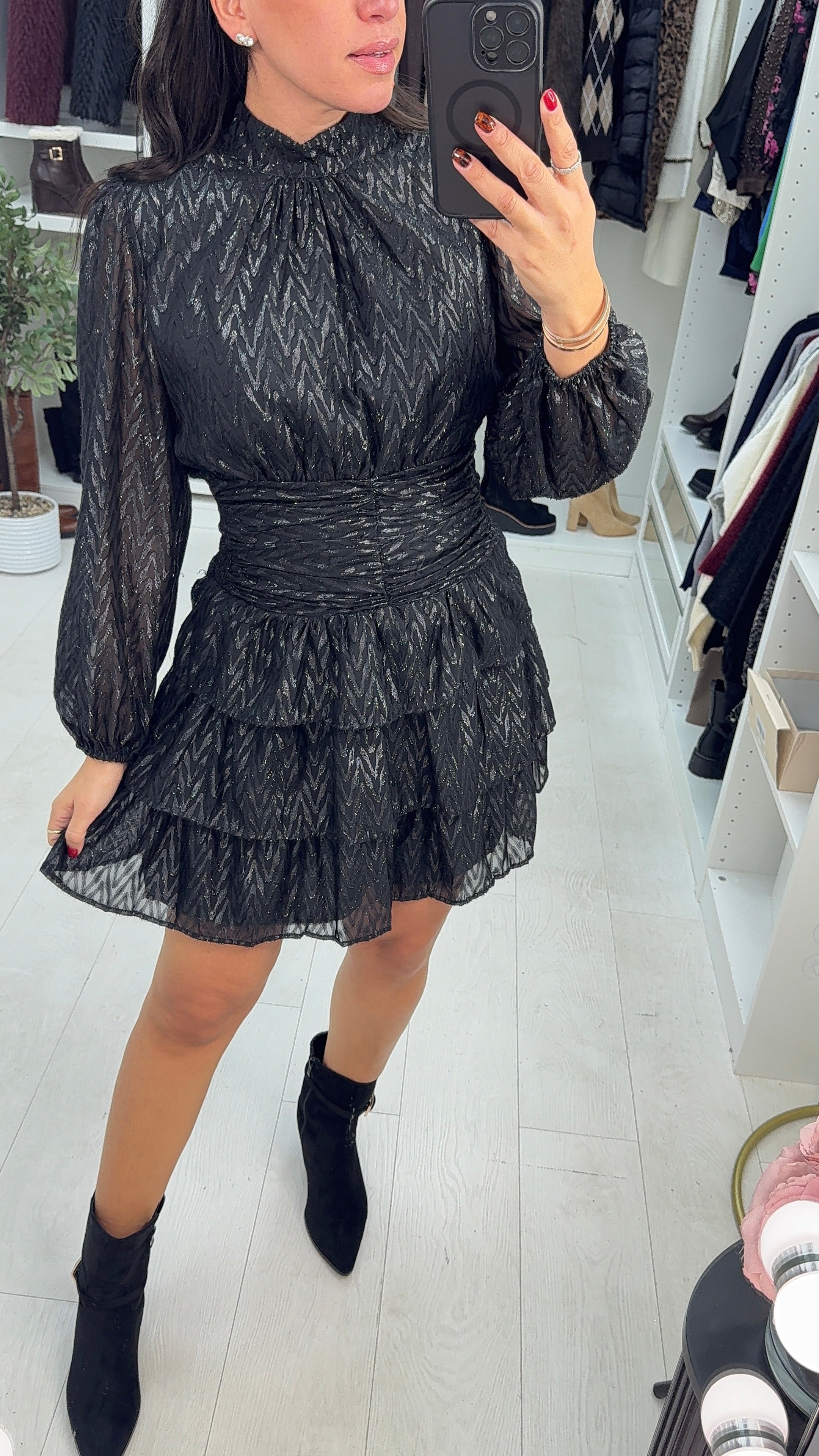 Lennox Lurex Detailed Shirred Waist Mini Dress